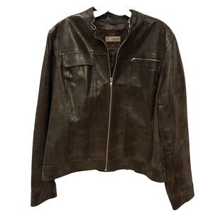 EUC  I. E. Women XL Brown Leather Croc Texture Lined Full Zip Racer Jacket‎